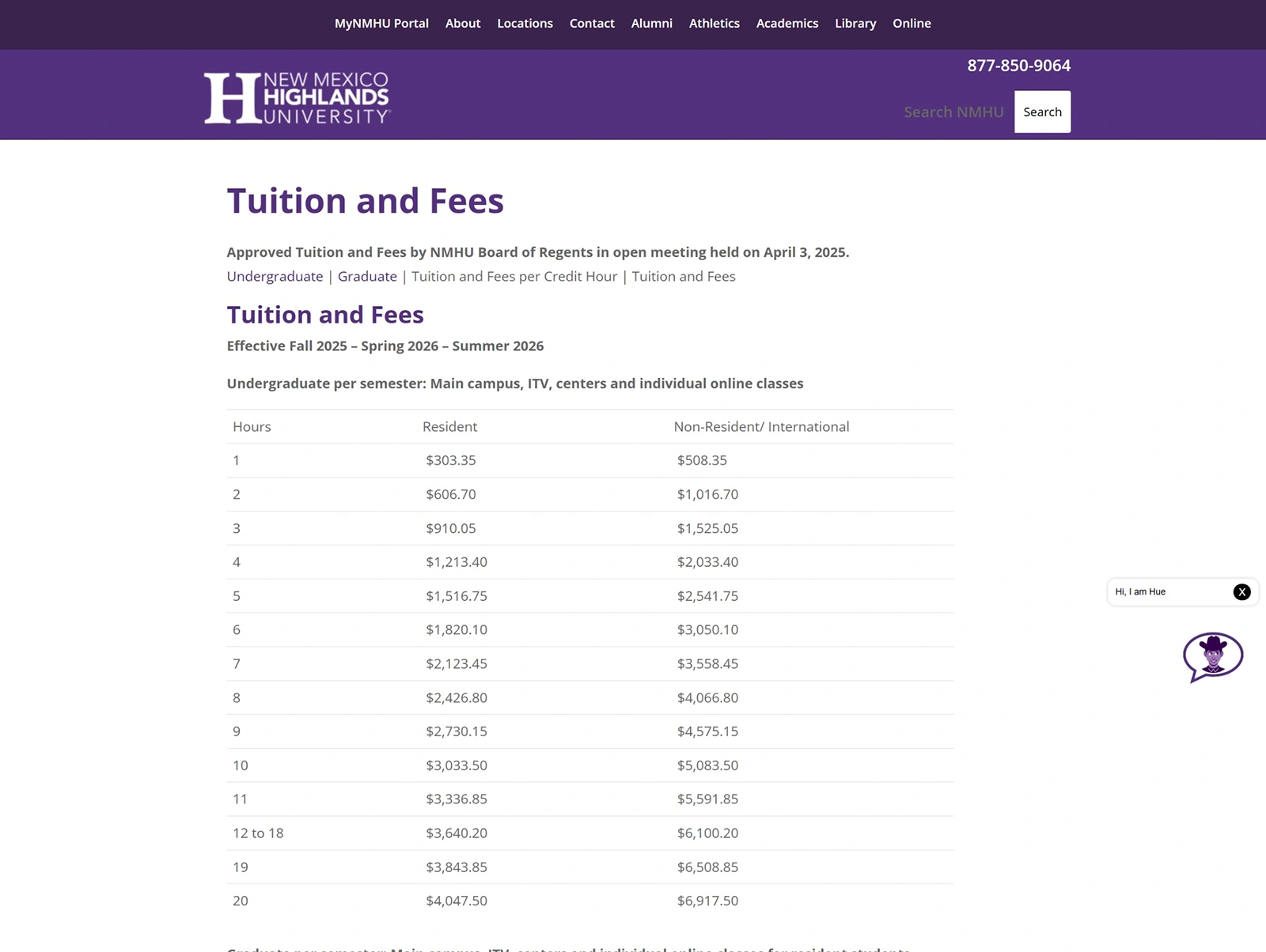 NMHU tuition page after migration