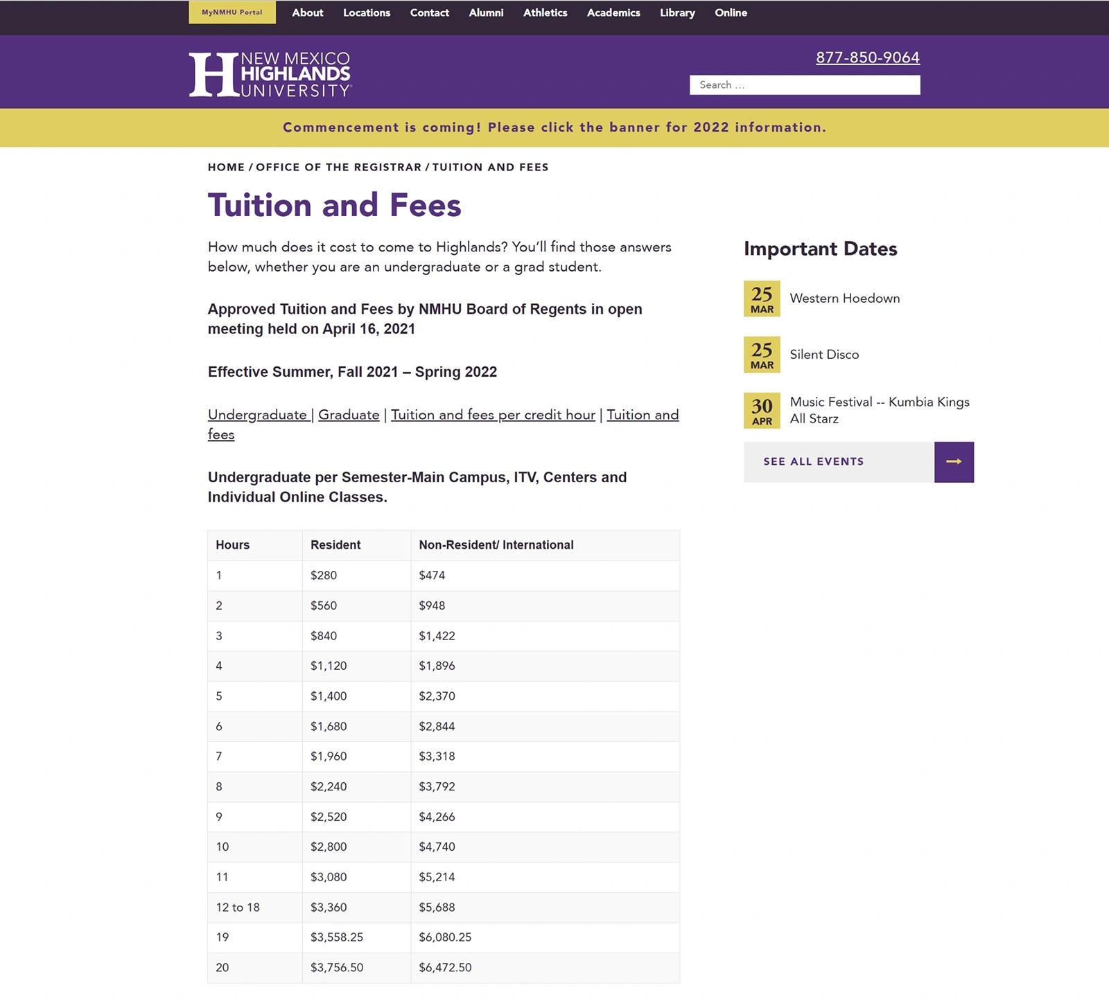 NMHU tuition page before migration