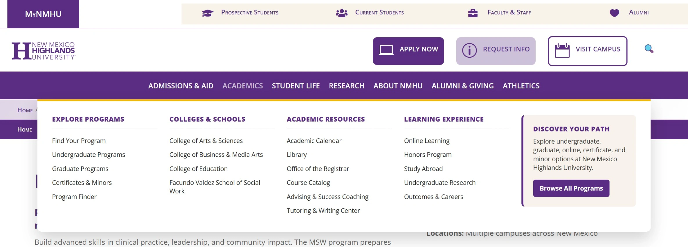 NMHU global navigation mega menu showing organized academic categories