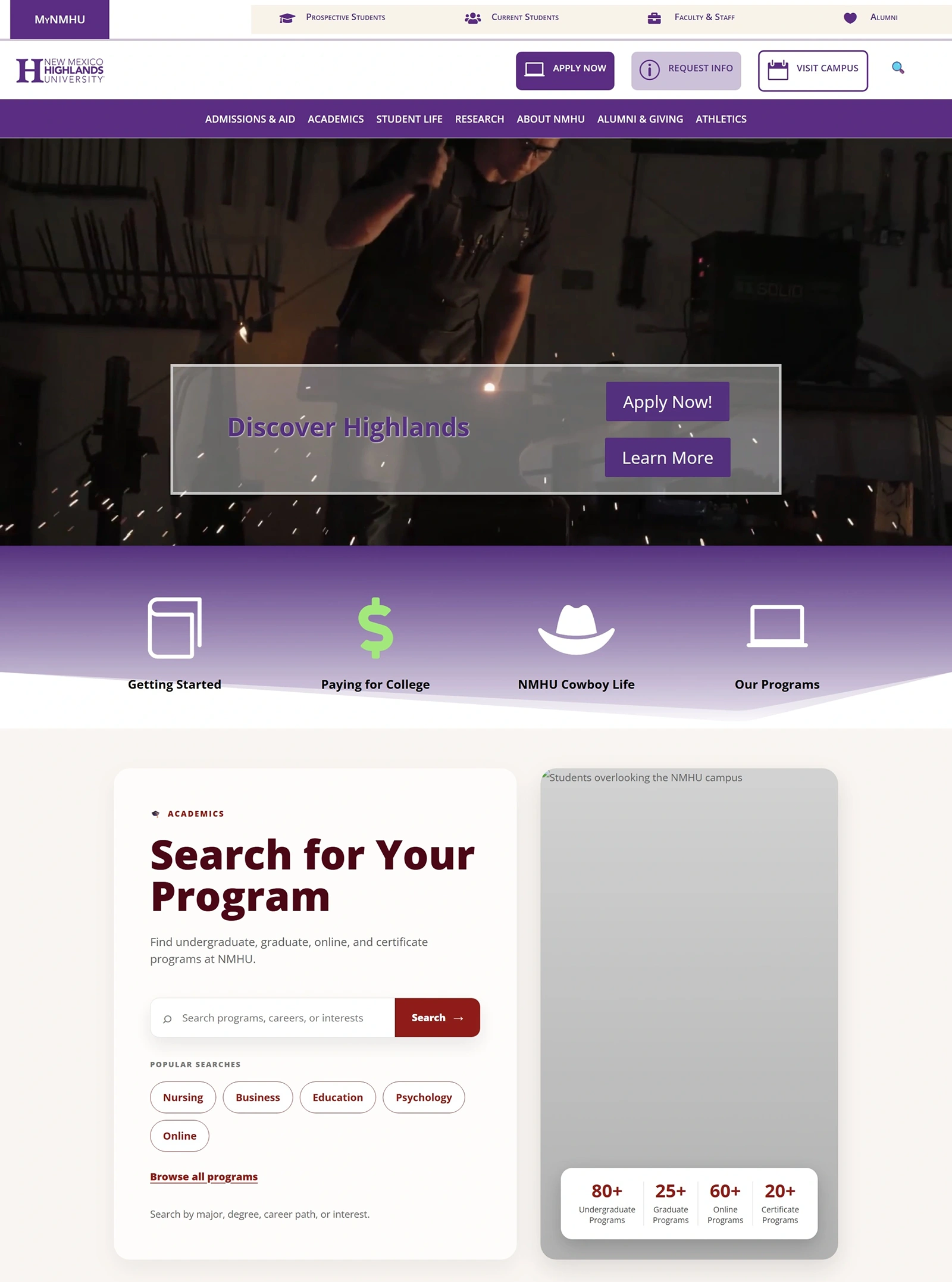 NMHU redesigned homepage showing audience-based navigation and program search