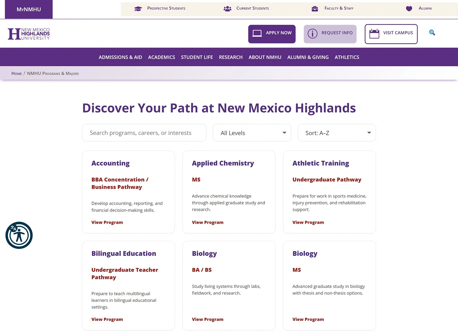 NMHU Program Finder showing searchable program directory