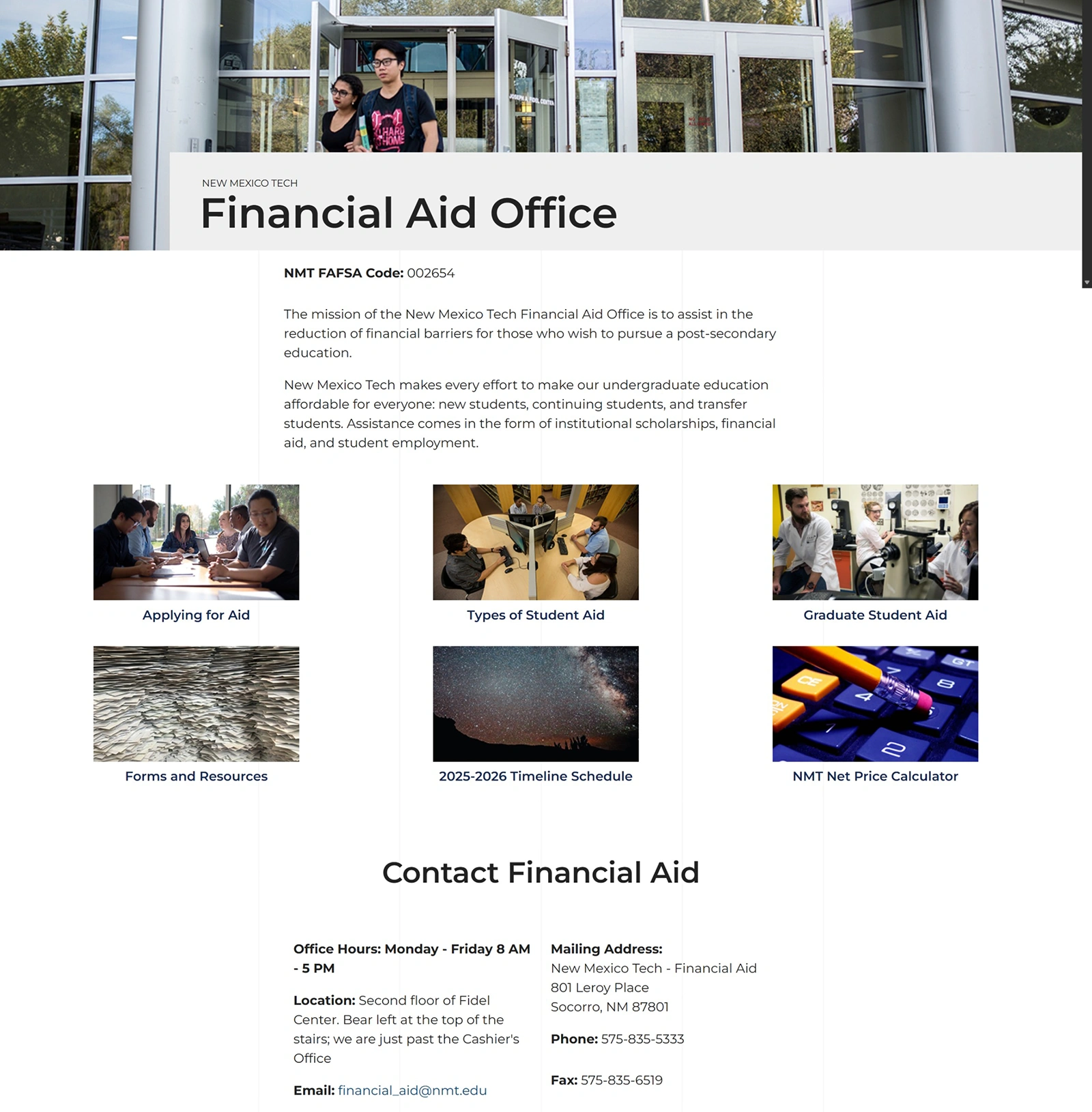 NM Tech Financial Aid department page showing migrated content structure